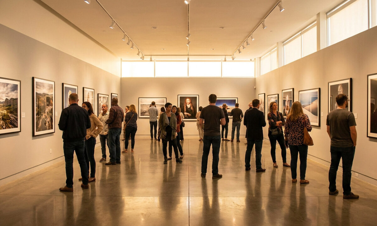 Visiteurs observant des photographies encadrées dans une galerie d'art moderne bien éclairée.