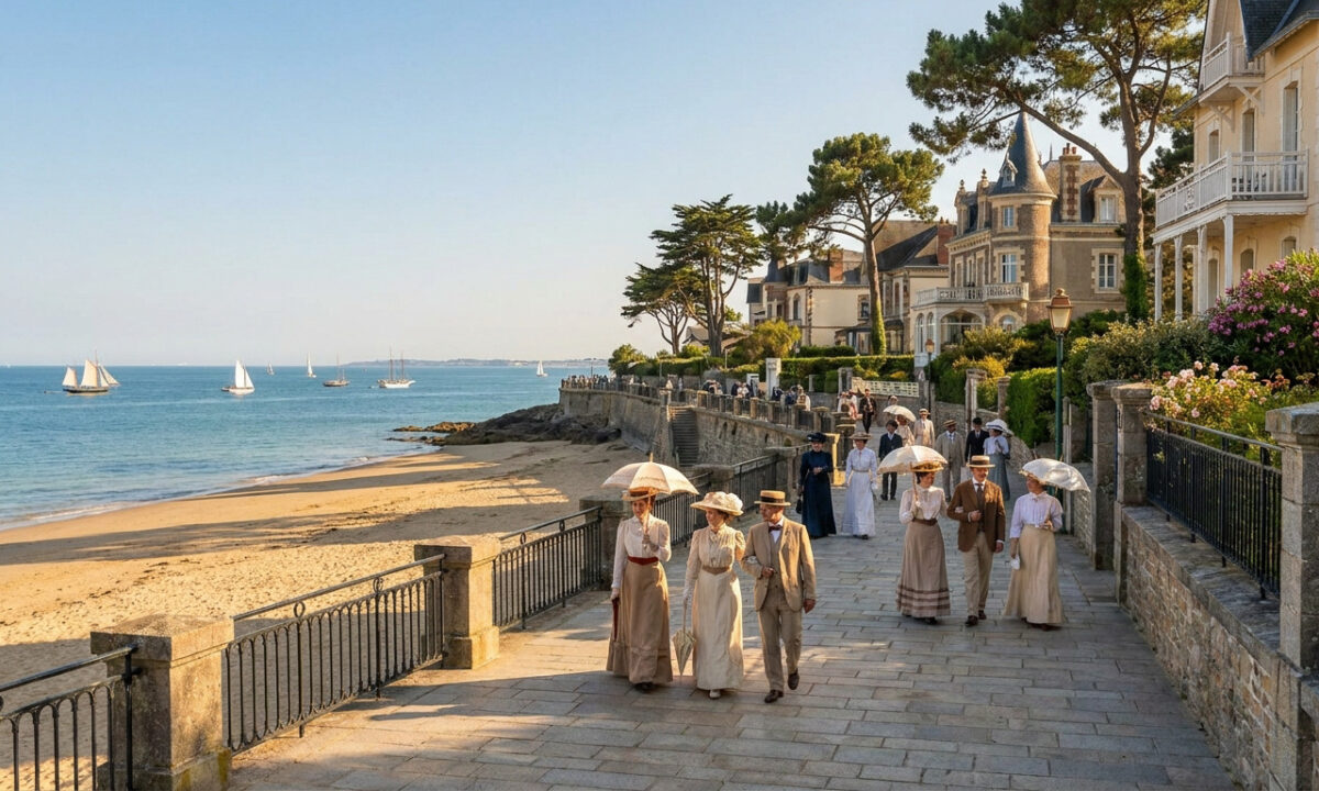 Groupe de personnes en costumes d'époque se promenant sur la plage du Pouliguen devant des villas anciennes.