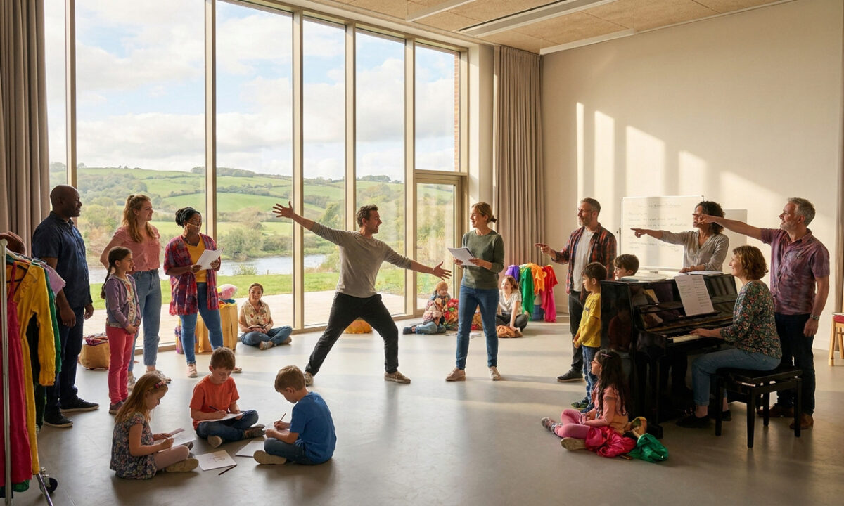 Un groupe diversifié d'adultes et d'enfants participe à un cours de théâtre dans un studio lumineux avec vue sur la nature.