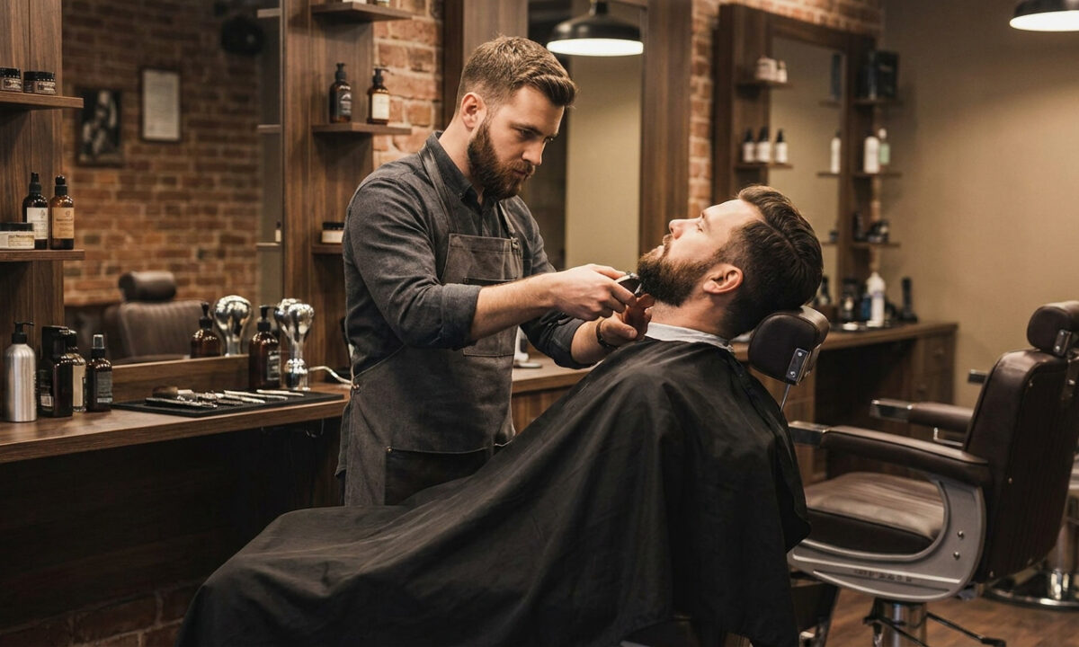 Un barbier professionnel rase la barbe d'un client dans un salon au design rustique et moderne.