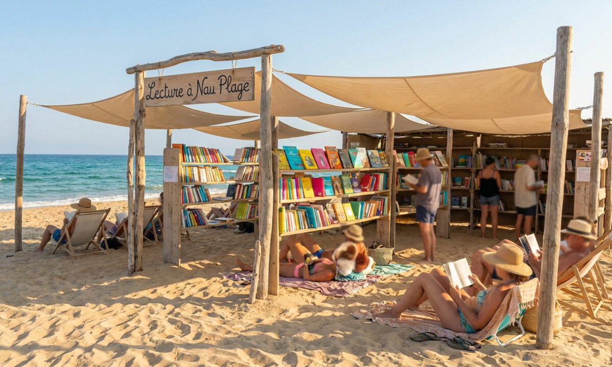 Bibliothèque de plage ombragée avec des vacanciers lisant sur des chaises longues à la plage du Nau.