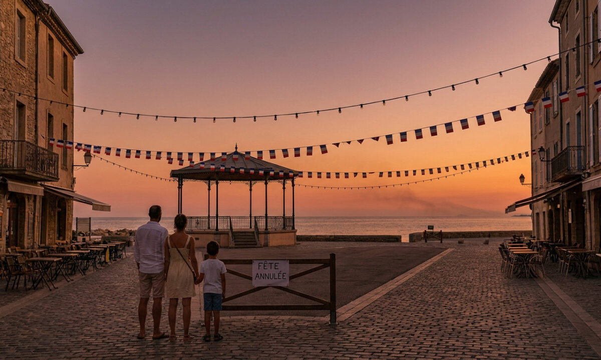 Une famille regarde un kiosque à musique sur une place vide au coucher du soleil avec un panneau « Fête annulée ».