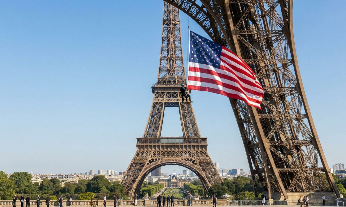 Un grand drapeau américain déployé sous la structure métallique de la Tour Eiffel par un cordiste sous un ciel bleu.