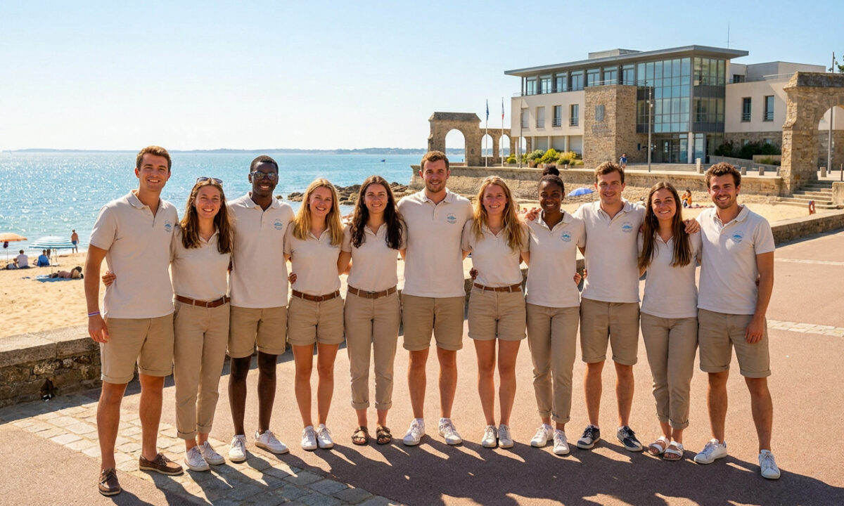 Un groupe de jeunes saisonniers souriants, vêtus d'uniformes beiges, posent devant la plage du Pouliguen en été.