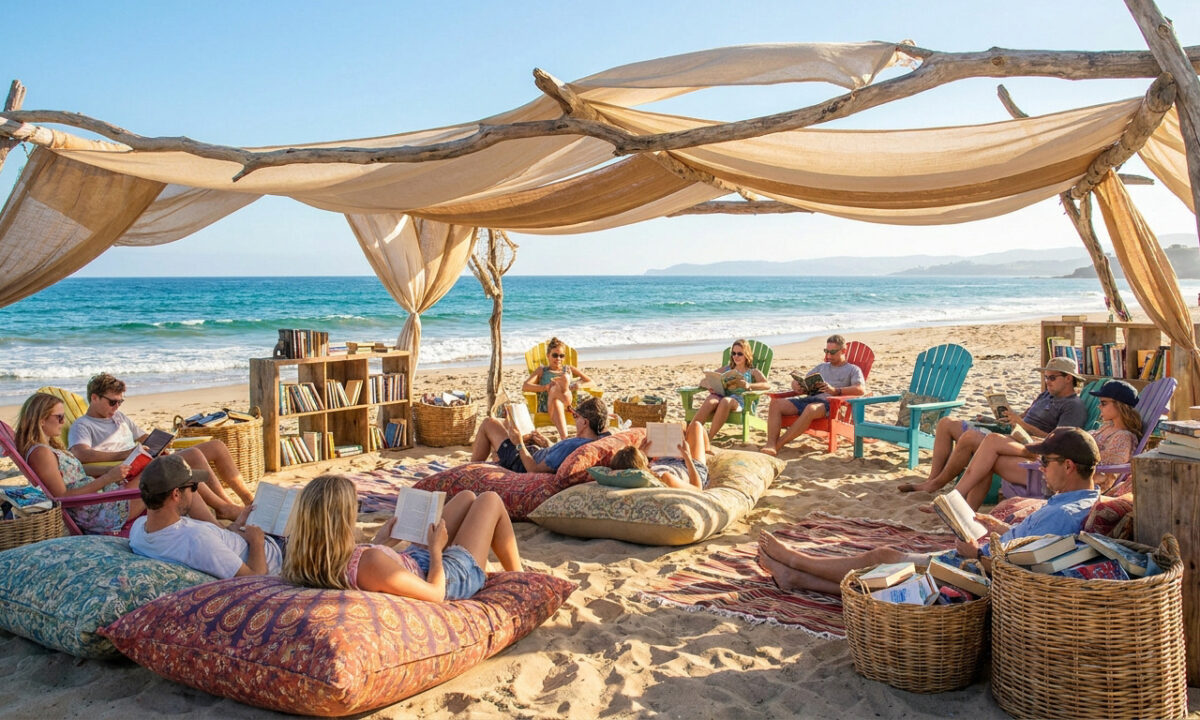Des personnes lisent des livres confortablement installées sur des poufs et chaises sous une tonnelle sur la plage.