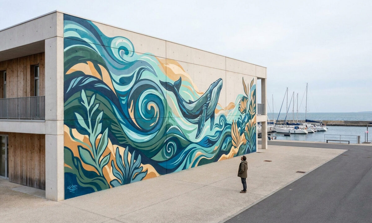 Une grande fresque murale représentant une baleine et des vagues stylisées sur le mur d'une école de voile à La Turballe.