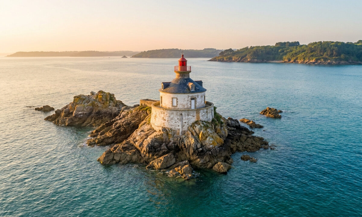 Vue aérienne au soleil couchant du phare de l'île Louët situé sur un îlot rocheux au milieu de la mer.