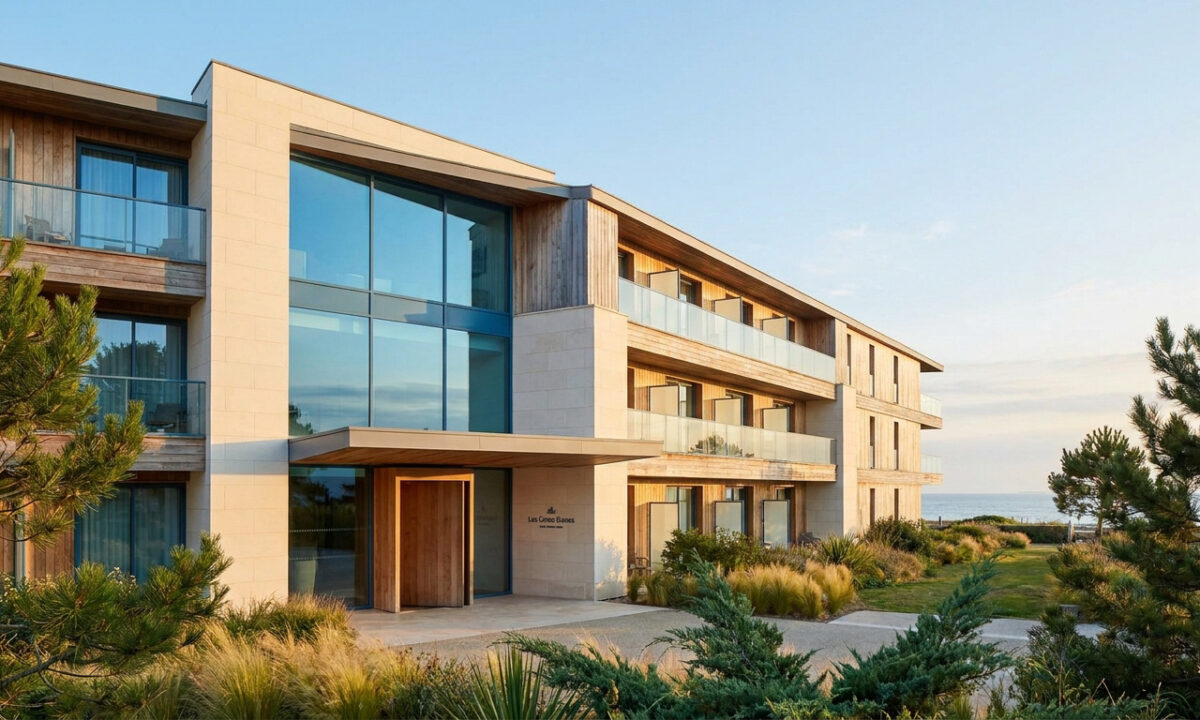 Façade moderne en pierre et bois de l'hôtel Les Cimes Bleues avec vue sur la mer à La Baule.