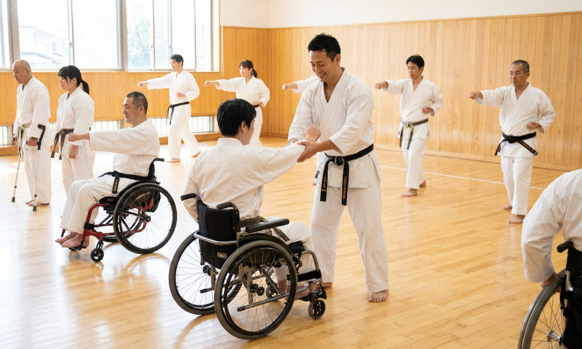 Un instructeur de karaté aide un pratiquant en fauteuil roulant lors d'un cours inclusif dans un dojo.
