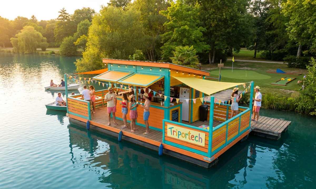 Bar flottant coloré nommé Triportech sur l'étang de Choisel à Châteaubriant, entouré de verdure et de clients.