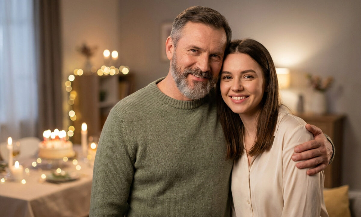 Un père barbu et sa fille souriants, posant ensemble devant une table de fête avec un gâteau d'anniversaire éclairé.