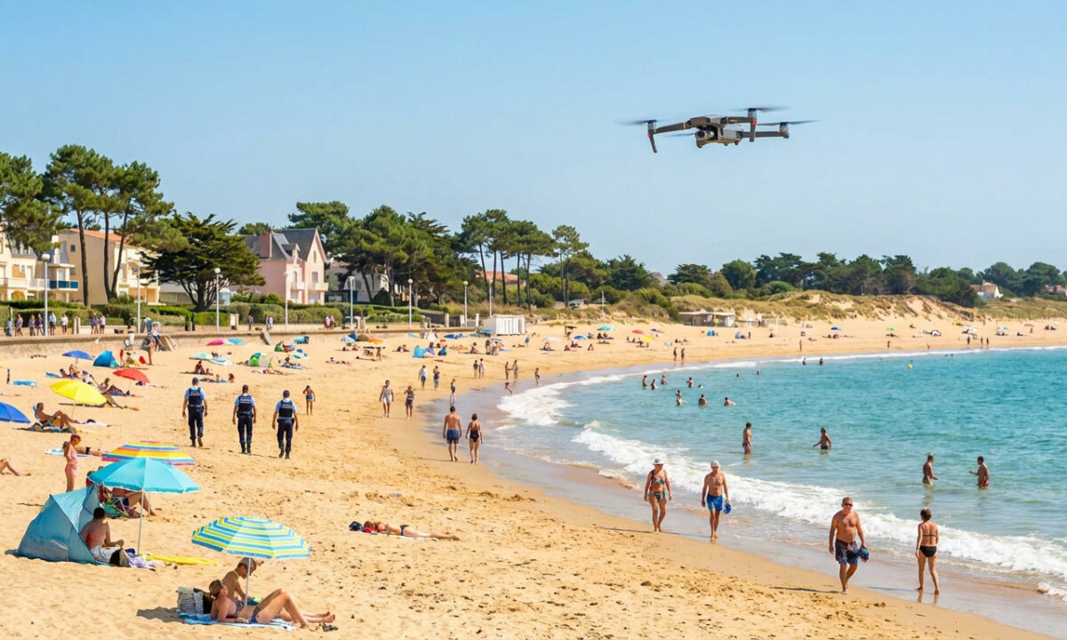 Un drone survole une plage bondée de La Baule tandis que des policiers patrouillent sur le sable sous un ciel bleu.