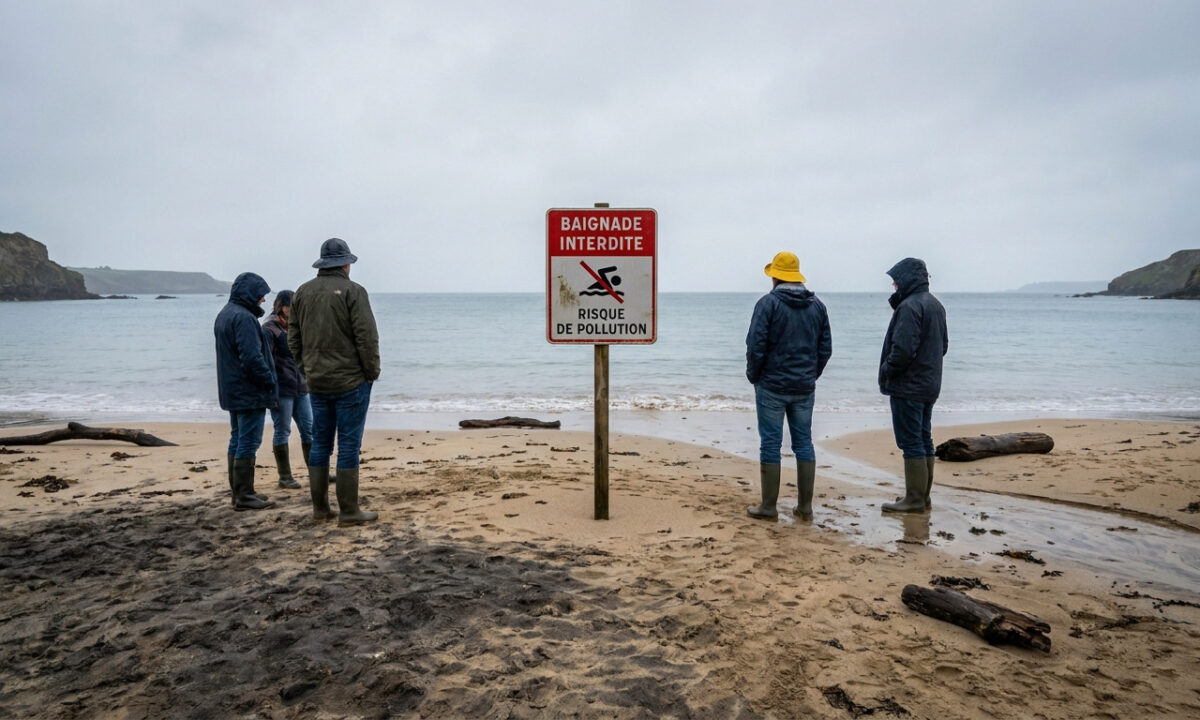 Groupe de personnes observant un panneau "Baignade interdite" sur une plage de Saint-Nazaire par temps couvert.