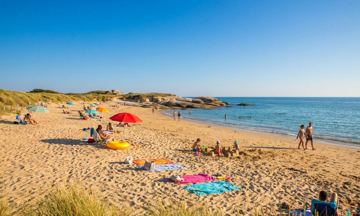 Vue d'une plage de sable doré avec des vacanciers, des parasols colorés et des dunes sous un ciel bleu dégagé.