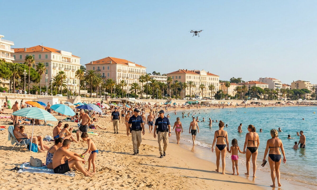 Des policiers patrouillent sur une plage bondée à La Baule, sous la surveillance d'un drone dans le ciel bleu.