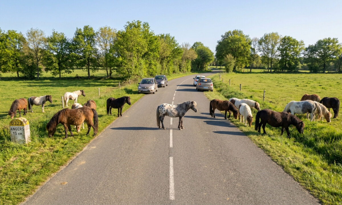 Un troupeau de poneys occupe la route D323 en Maine-et-Loire, arrêtant la circulation des voitures.