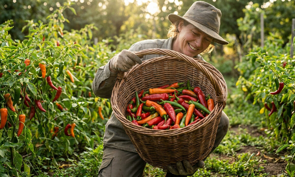 Une agricultrice souriante portant un chapeau récolte des piments frais dans un panier en osier au milieu d'un champ.