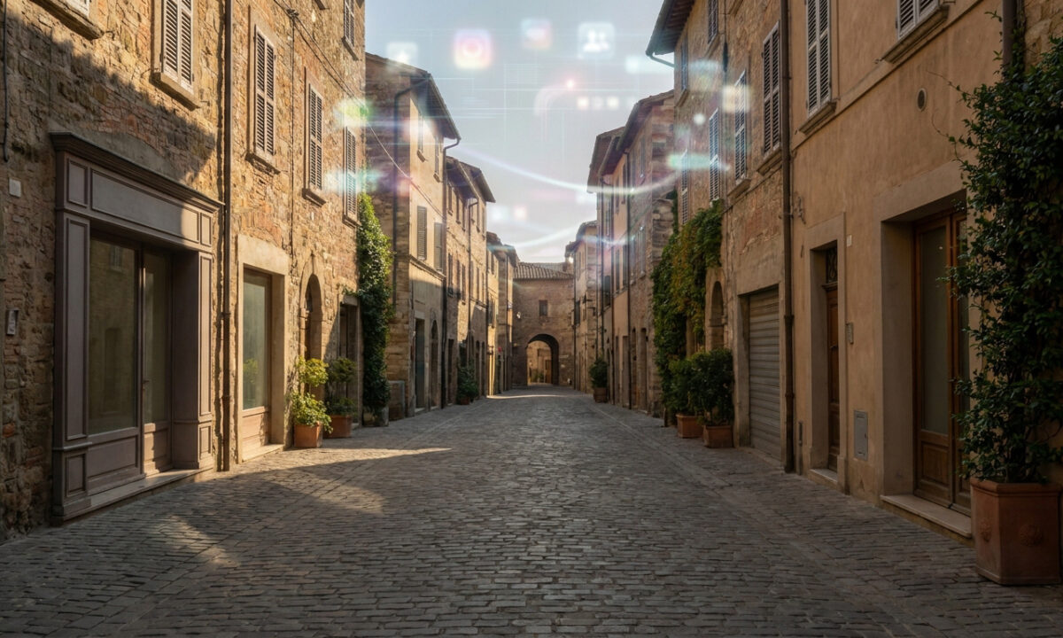 Ruelle pavée traditionnelle avec des icônes de réseaux sociaux flottantes au-dessus.