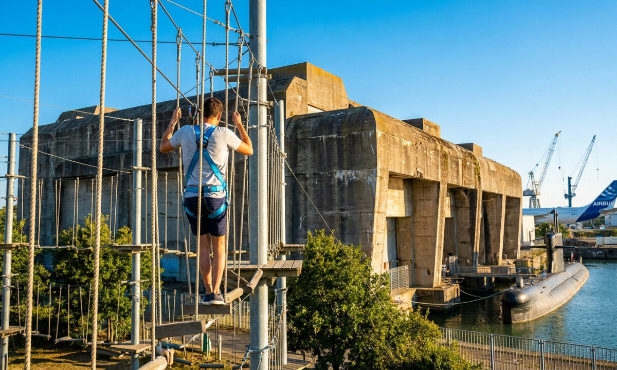Un homme en baudrier parcourt un parcours d'accrobranche avec la base sous-marine de Saint-Nazaire en arrière-plan.