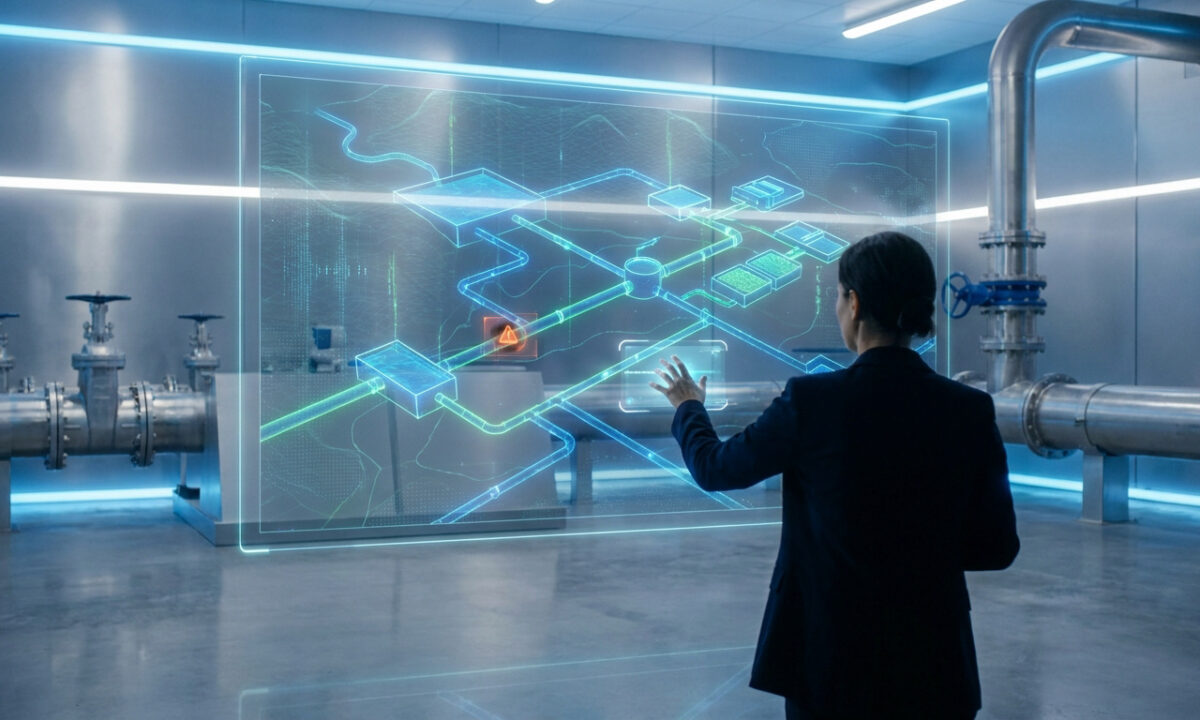 Une ingénieure utilise une interface holographique pour surveiller un réseau de distribution d'eau industriel.