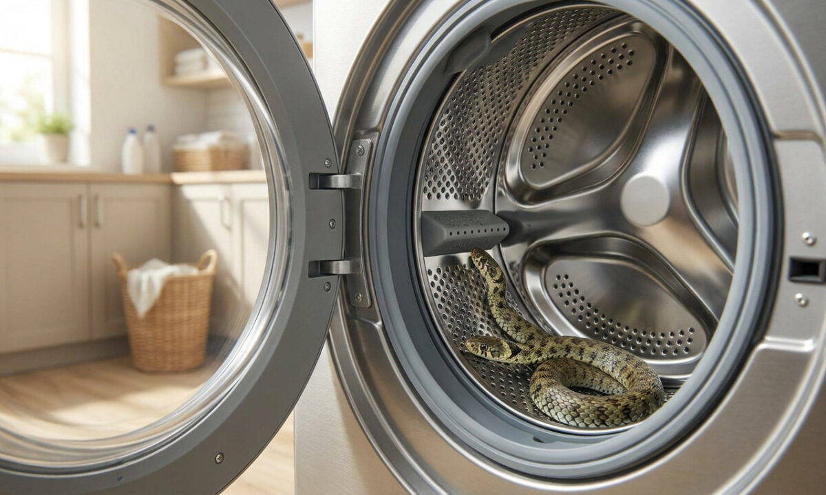 Un serpent tacheté est enroulé à l'intérieur du tambour métallique d'une machine à laver ouverte.