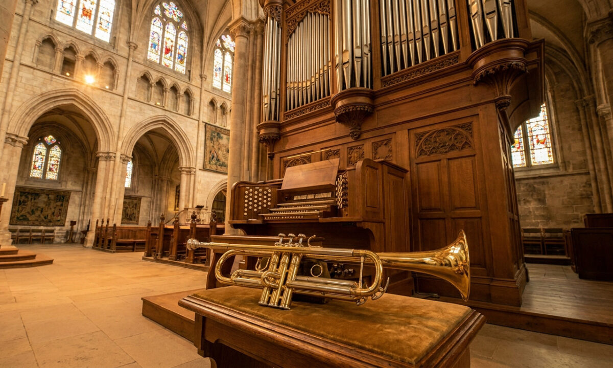 Une trompette dorée posée sur un support devant un grand orgue en bois dans une église lumineuse.