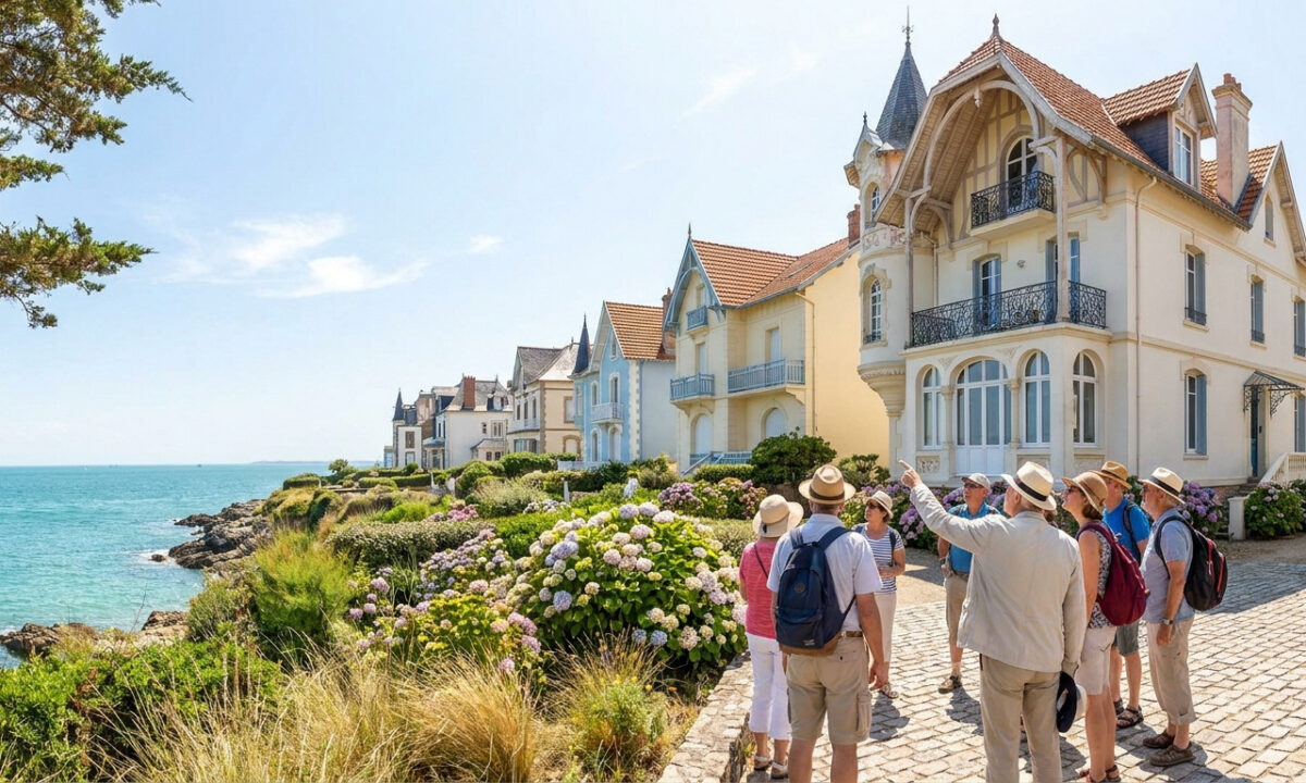 Groupe de touristes admirant des villas de style Belle Époque en bord de mer au Pouliguen.