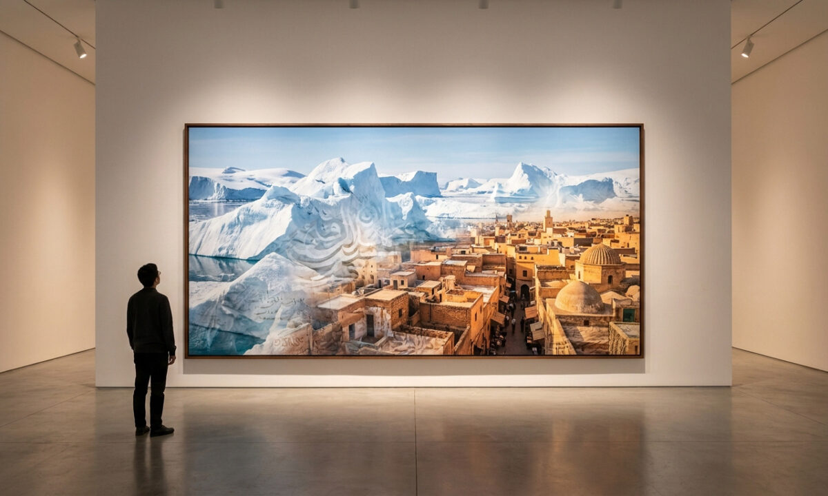 Un visiteur observe une immense photographie superposant des icebergs et une ville orientale dans une galerie d'art épurée.